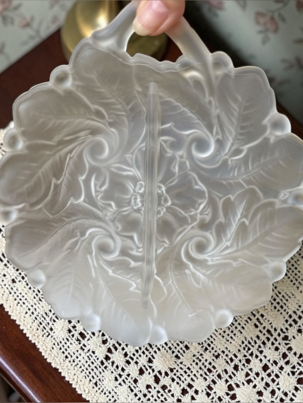 VTG Indiana Glass Wild Rose Frosted Satin Handled Divided Relish Dish
